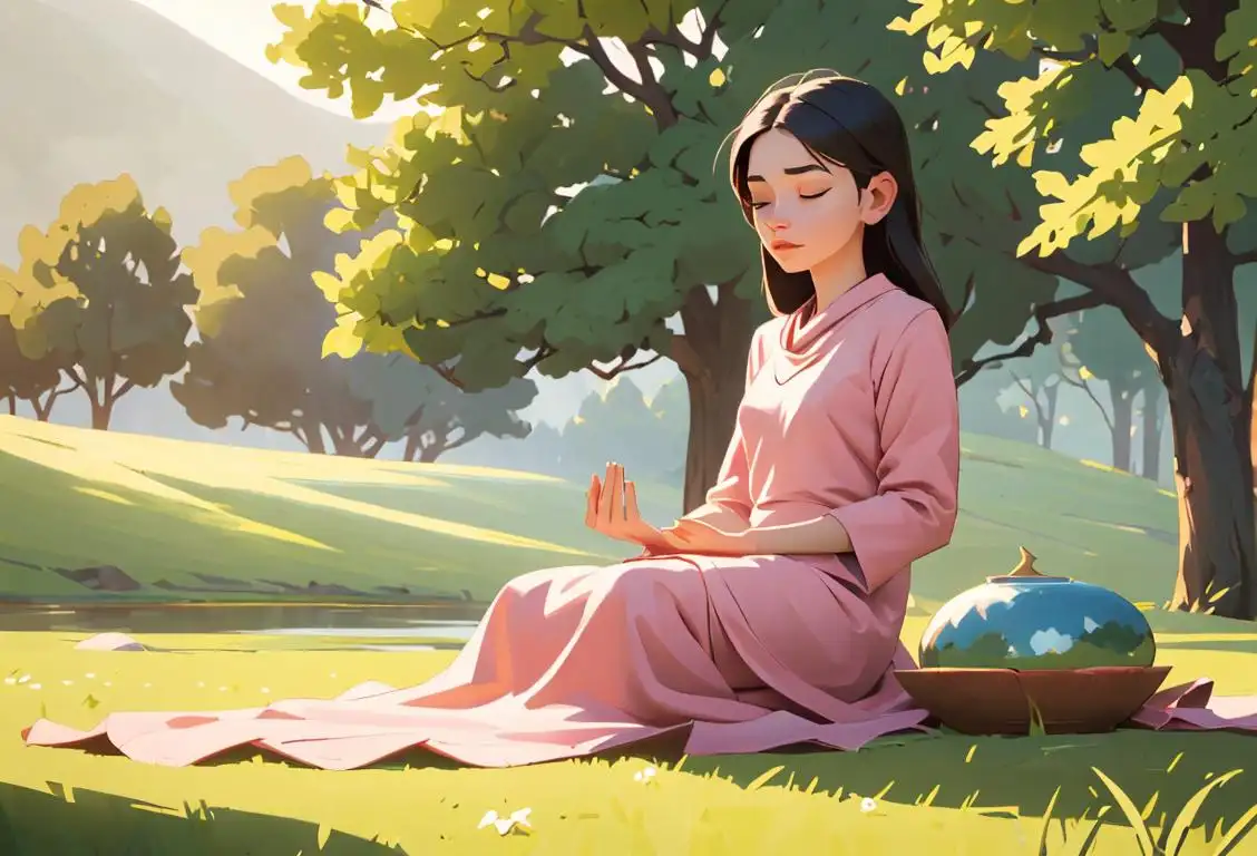 Young woman sitting peacefully, meditating and holding an empty plate, surrounded by serene nature backdrop..