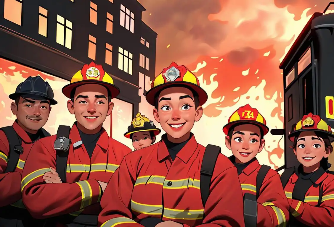 A group of smiling firefighters in their red uniforms, surrounded by flames, with a backdrop of a bustling city street..