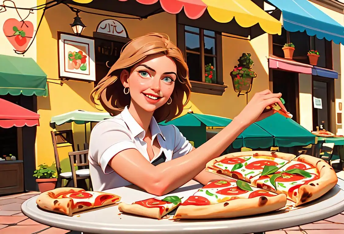 A joyful person enjoying a slice of margherita pizza, surrounded by colorful Italian decorations and a rustic trattoria setting..