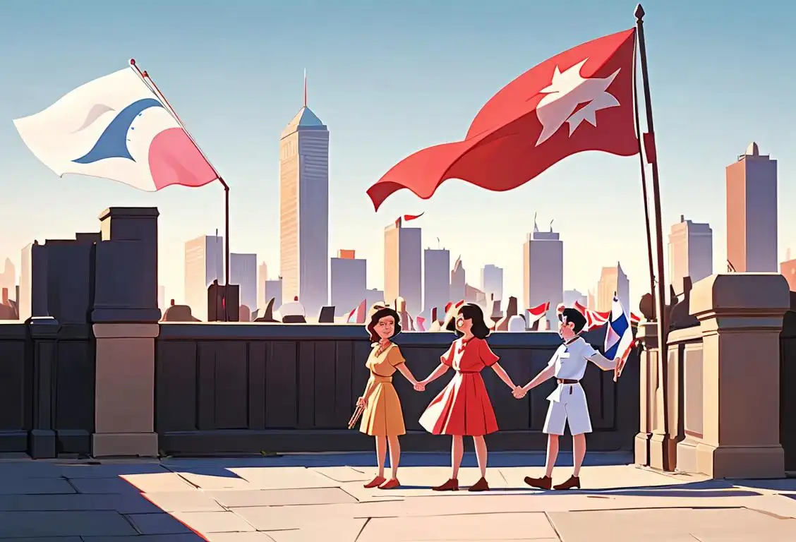 Illustration of diverse group of people holding hands, with a flag waving in the background. People wearing casual clothing, city skyline in the distance..