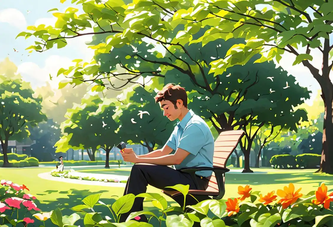 An office worker in casual clothes sitting in a lush green park, enjoying a peaceful moment amidst blooming flowers and chirping birds..