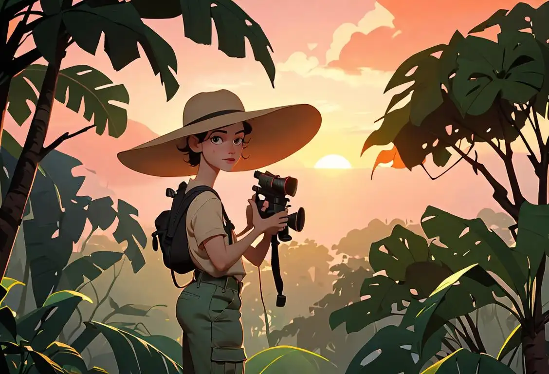 A photographer capturing a breathtaking sunset over a lush rainforest, wearing a wide-brim hat and cargo pants, surrounded by curious wildlife..