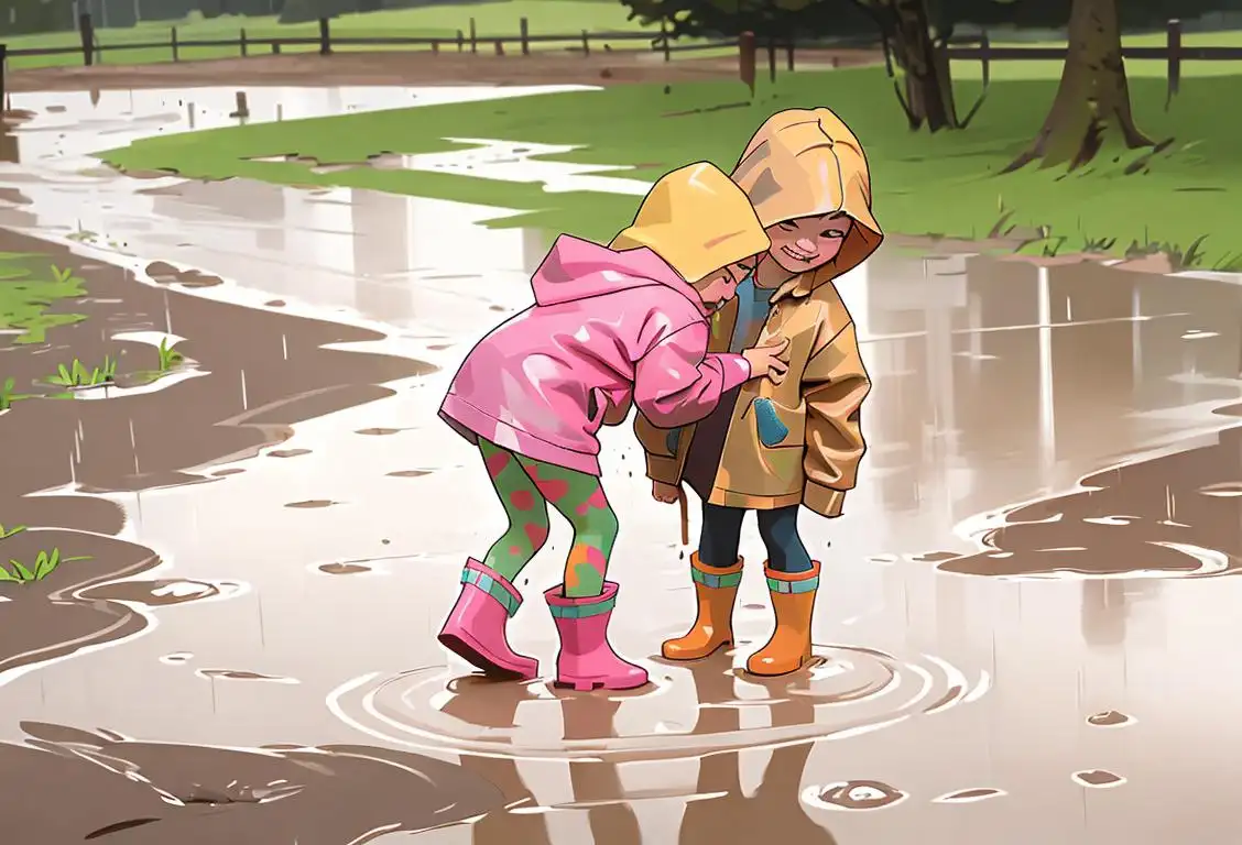 Child in colorful rain boots and raincoat jumping in a muddy puddle, surrounded by friends, with happy faces and muddy handprints on their clothes..