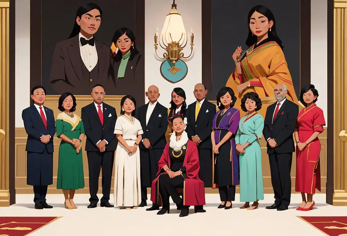 Ethnic diverse group of people, all wearing formal attire and posing with a gavel, in a government building.