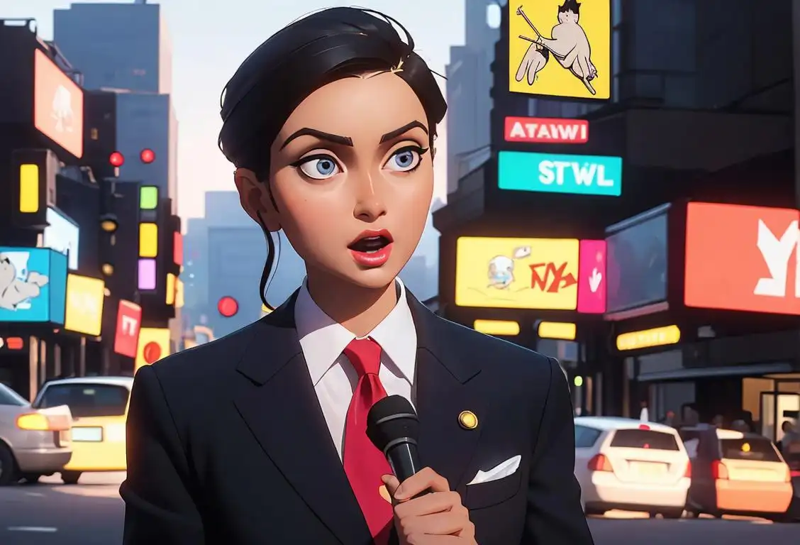 A confident news anchor, dressed in a stylish suit, reporting breaking news from a bustling city street..