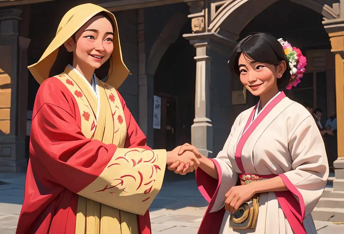 Two people of different cultures, shaking hands with smiles, one wearing traditional clothing, in a diverse city setting..