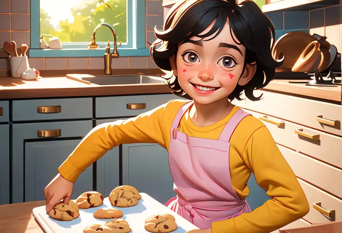 A smiling child chef wearing a colorful apron, baking cookies in a sunny, cozy kitchen..