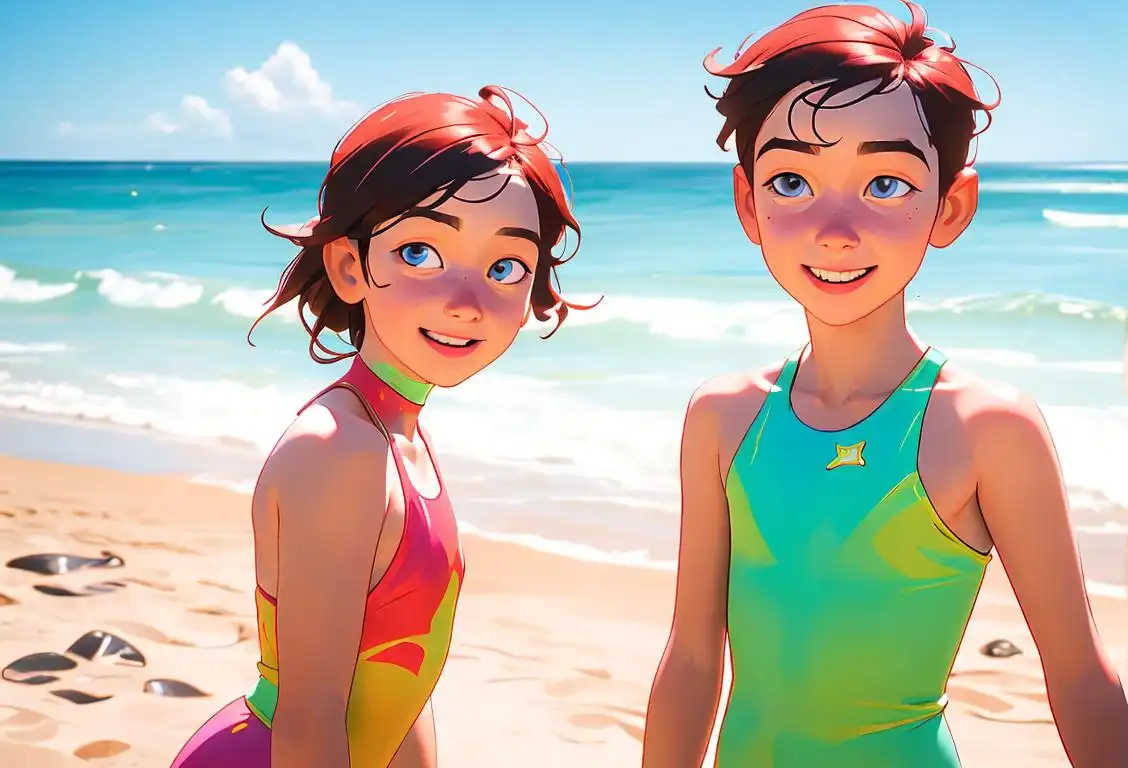 Siblings embracing on a sunny beach, wearing colorful swimwear, capturing the joy and connection of National Siblings Day..