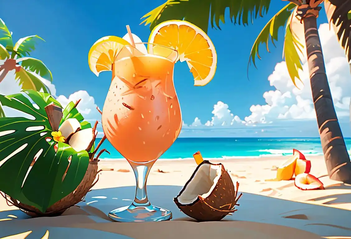 A person sipping a tropical drink with a coconut garnish, dressed in beach attire, surrounded by palm trees and sandy beaches..