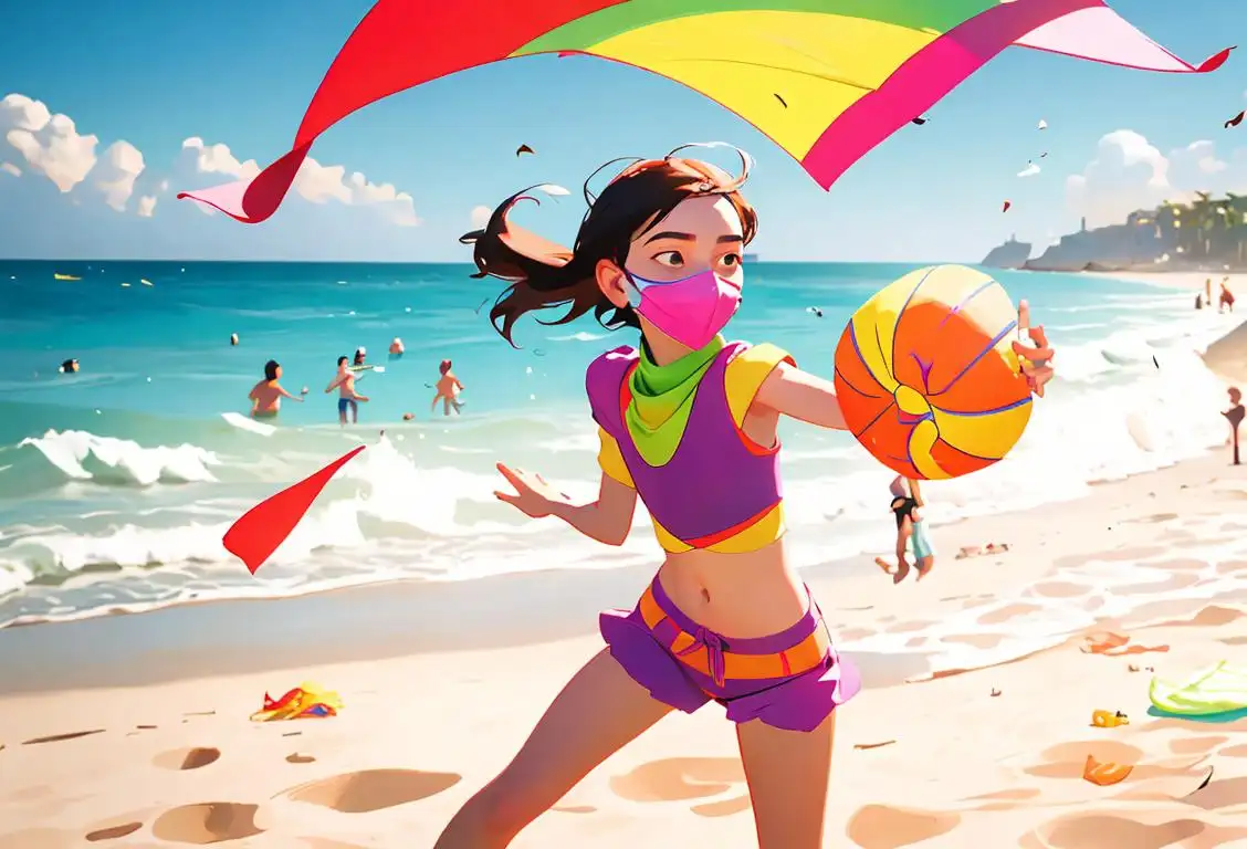 Young people joyfully throwing their masks in the air, wearing colorful summer outfits, beach setting..