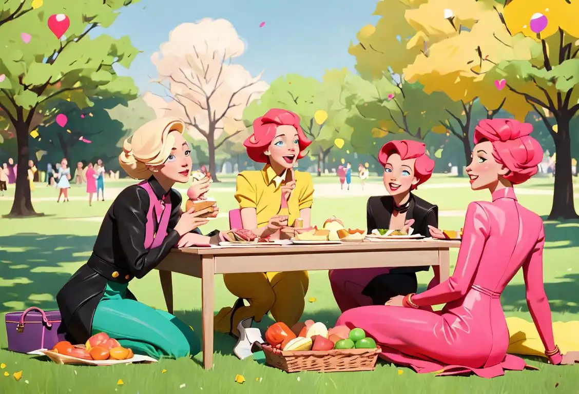 A cheerful group of friends named Effie, wearing colorful clothes, enjoying a picnic in a vibrant park..