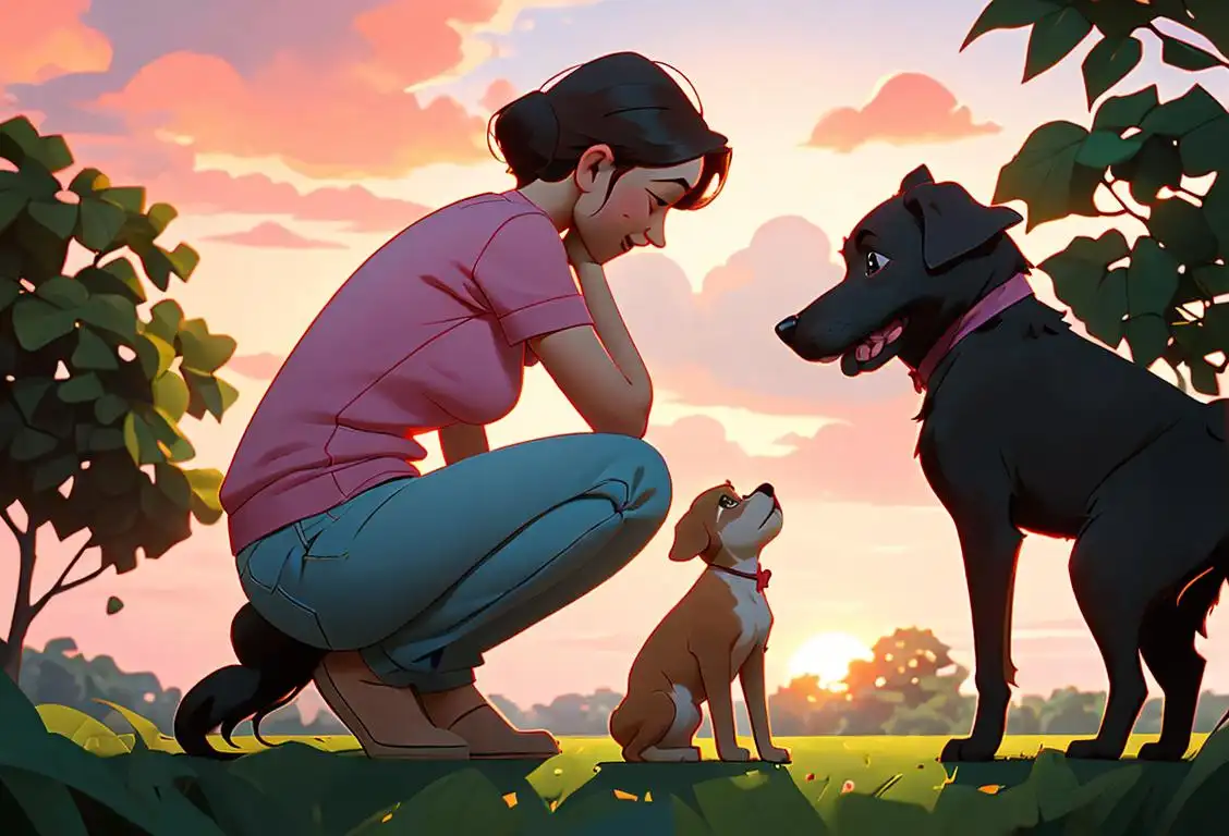 A heartwarming image of a family joyfully reuniting with their lost dog, surrounded by lush greenery and a beautiful sunset in the background..