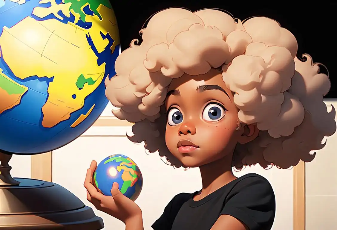 Cute kid with an afro, dressed in a black t-shirt, holding a globe, diverse school setting..