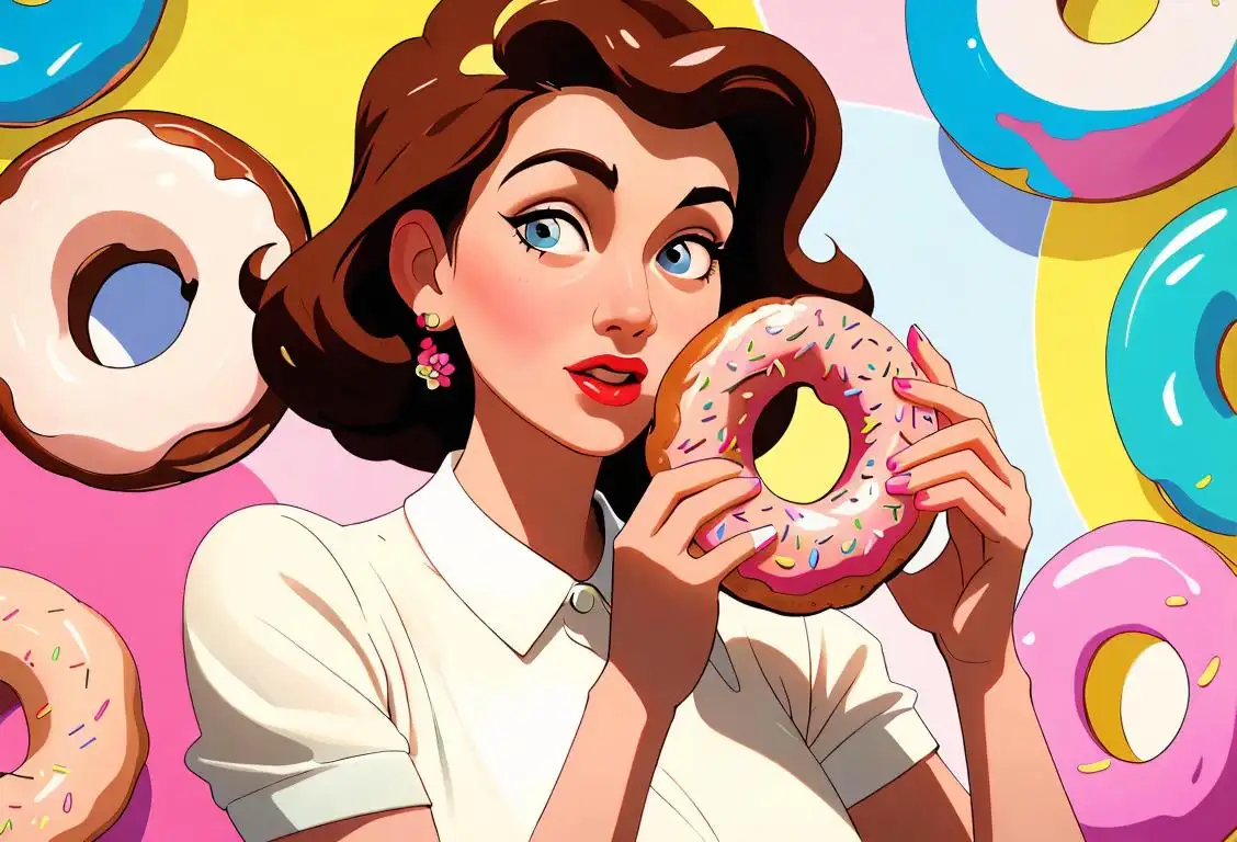 A young woman enjoying a glazed doughnut, wearing a retro polka dot dress, in a colorful 1950s style diner..