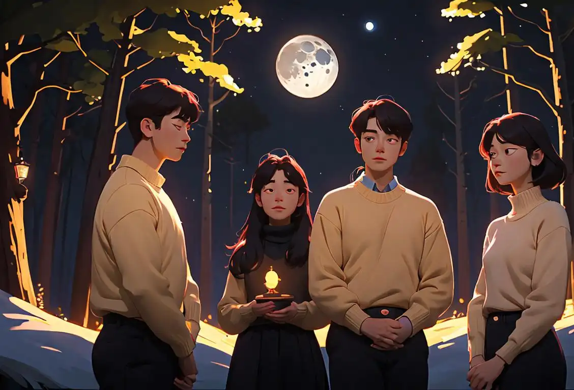 A group of people gazing at the moon, wearing cozy sweaters, surrounded by twinkling lights, and immersed in a serene nighttime forest scene..