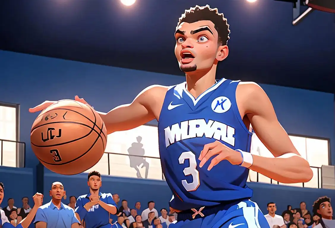Young male adult playing basketball, wearing a Jamal Murray jersey, in a vibrant basketball court, surrounded by cheering fans..