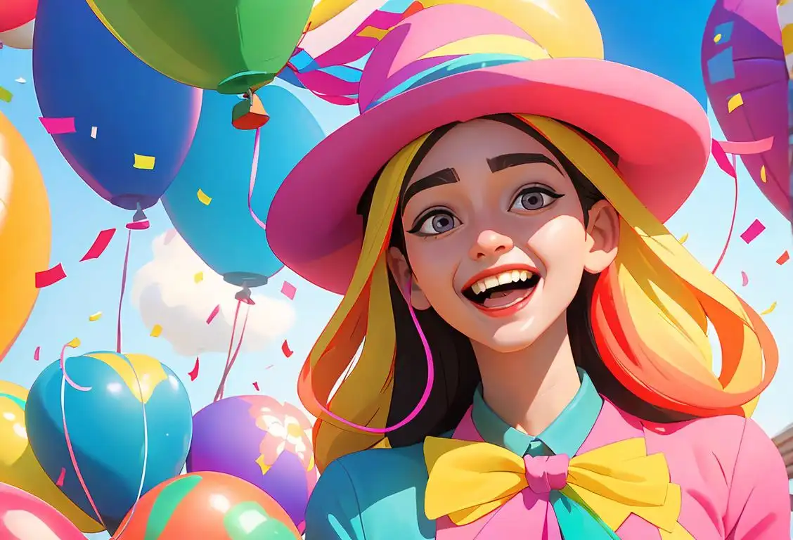 Young woman laughing while wearing a goofy hat, surrounded by colorful balloons and confetti, carnival atmosphere..