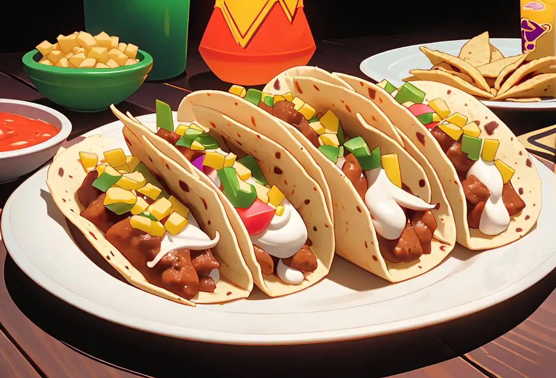 A happy group of friends wearing sombreros, enjoying a variety of delicious Taco Bell tacos in a festive Mexican-inspired setting..