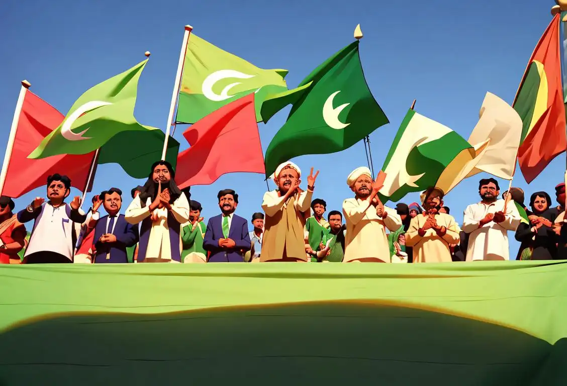 Happy people of all ages waving Pakistani flags, dressed in traditional attire, against a backdrop of vibrant festivities and cultural performances..