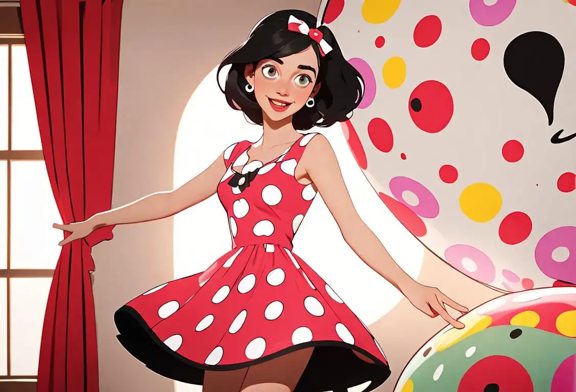 A cheerful young woman wearing a polka dot dress, dancing in a vibrant and whimsical polka dot-themed room..