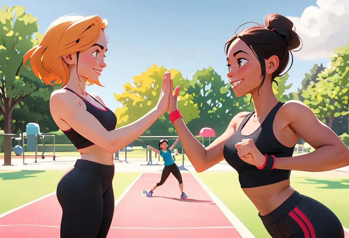 Two friends in workout attire, high-fiving with big smiles, outdoor park setting with gym equipment and fitness motivation posters in the background..