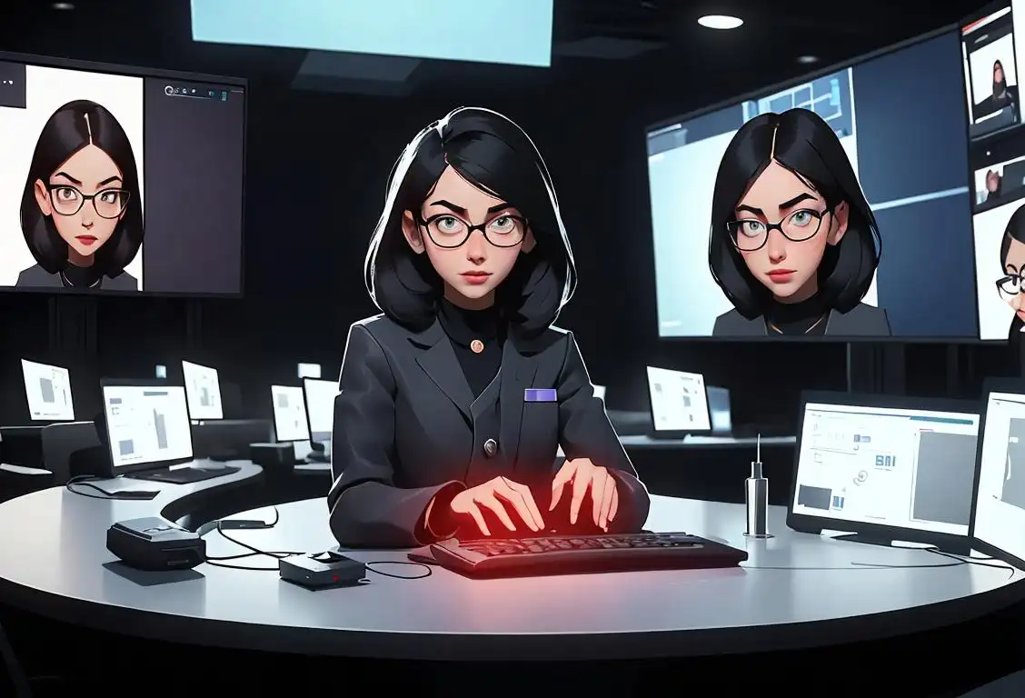 Young woman wearing glasses, sitting in a high-tech control room, surrounded by computer screens, symbolizing the hidden digital threats on National Security Threat Day..