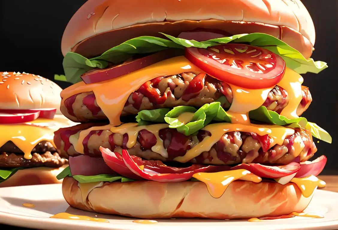 A juicy bacon cheeseburger, piled high with crispy bacon, melty cheese, and topped with fresh lettuce and tomato. A mouthwatering feast fit for National Bacon Cheeseburger Day! .