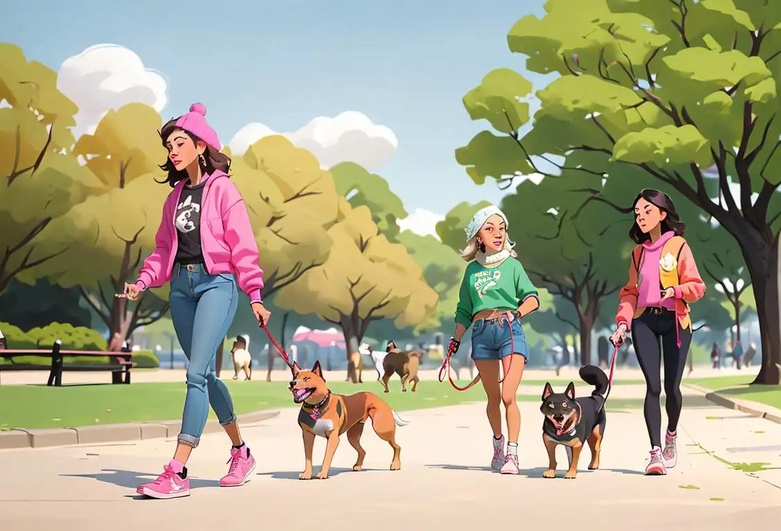 A group of diverse women in dog-themed clothing, walking their dogs in a park adorned with dog accessories. Fashion styles include boho, retro, and sporty..