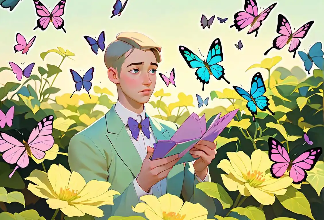 Young man in a peaceful garden, wearing soft pastel colors, surrounded by butterflies, celebrating National Meek Day..