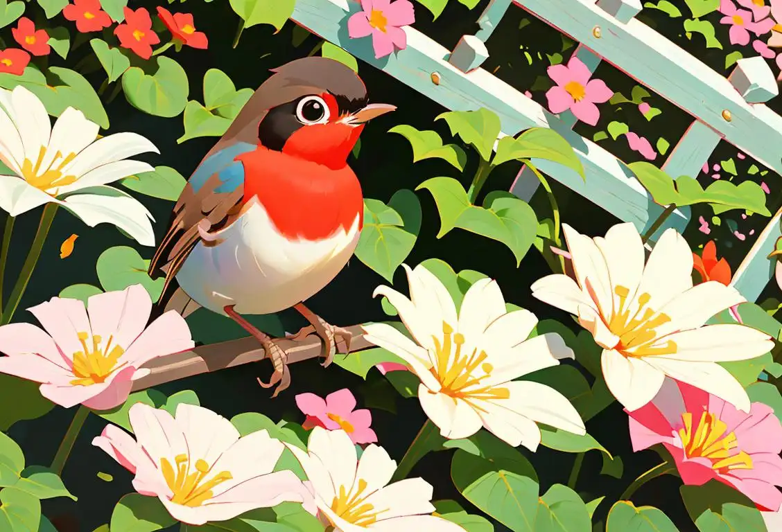 Colorful image of a robin perched in a garden, surrounded by blooming flowers and a white picket fence..