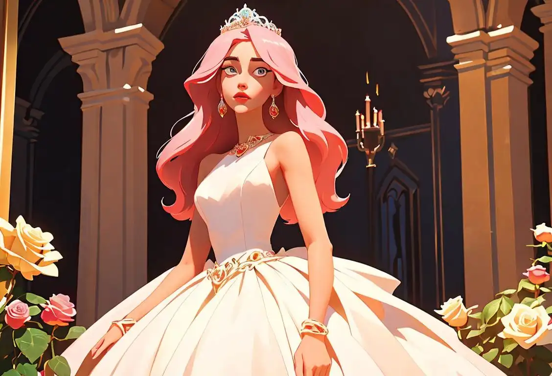 Young woman wearing a dazzling tiara, dressed in elegant gown, surrounded by a majestic castle and blooming rose garden..