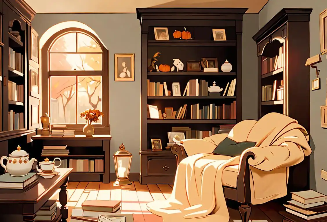 A cozy reading nook with a cup of tea, vintage books, soft blanket, and autumn leaves, creating the perfect atmosphere for National Bookstore Day..