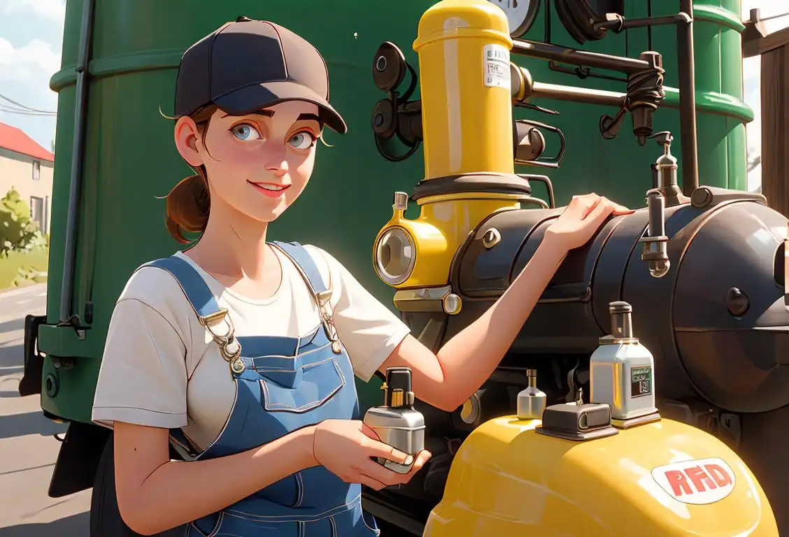 Happy National Biodiesel Day! Show a young adult in overalls, holding a biodiesel pump, against a picturesque farm backdrop. Think sustainable fashion and rustic charm!.
