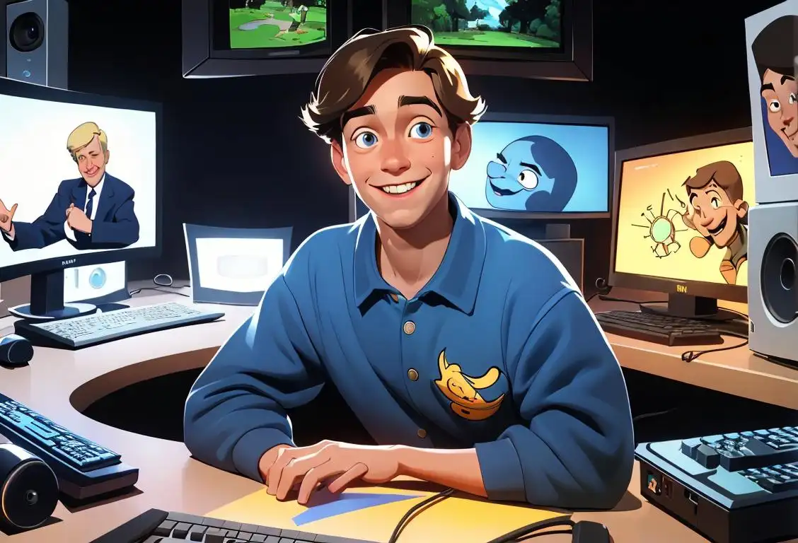 A smiling young person wearing retro computer-themed clothing and surrounded by vintage computer monitors, celebrating National Terrence Andrew Davis Day..