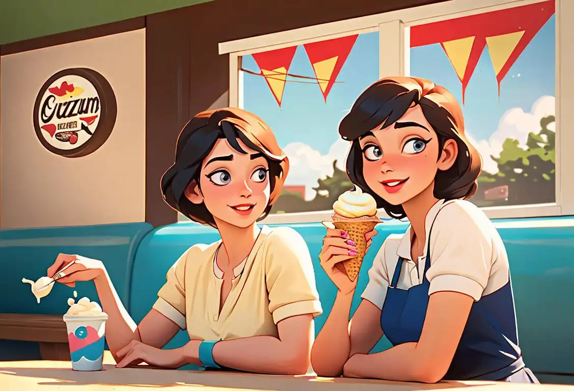 Happy customers enjoying frozen custard in a vintage ice cream parlor on a hot summer day, dressed in retro clothing and surrounded by nostalgic decor..