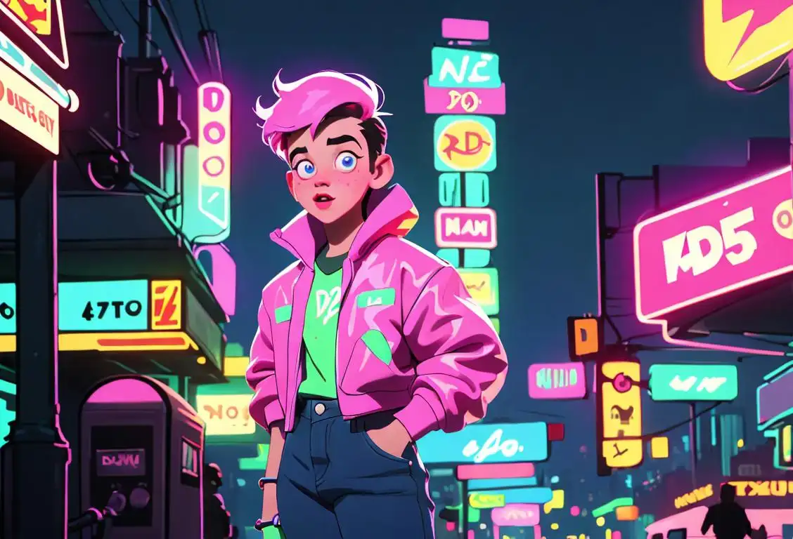 Young person using a dtr with excitement, wearing a colorful outfit, 80s fashion, neon city skyline in the background..