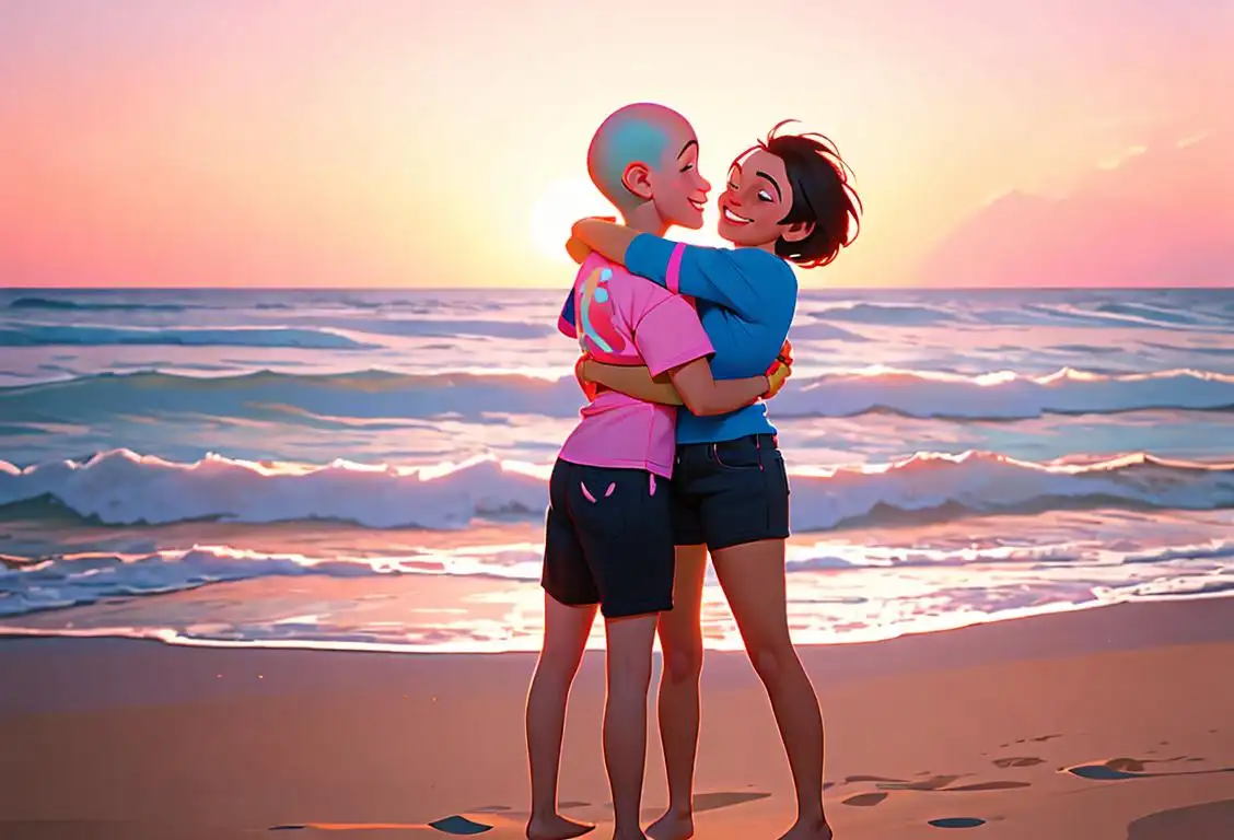 Young diverse group of cancer survivors wearing colorful 'Stand Up to Cancer' t-shirts, smiling and embracing each other, beach sunset backdrop..