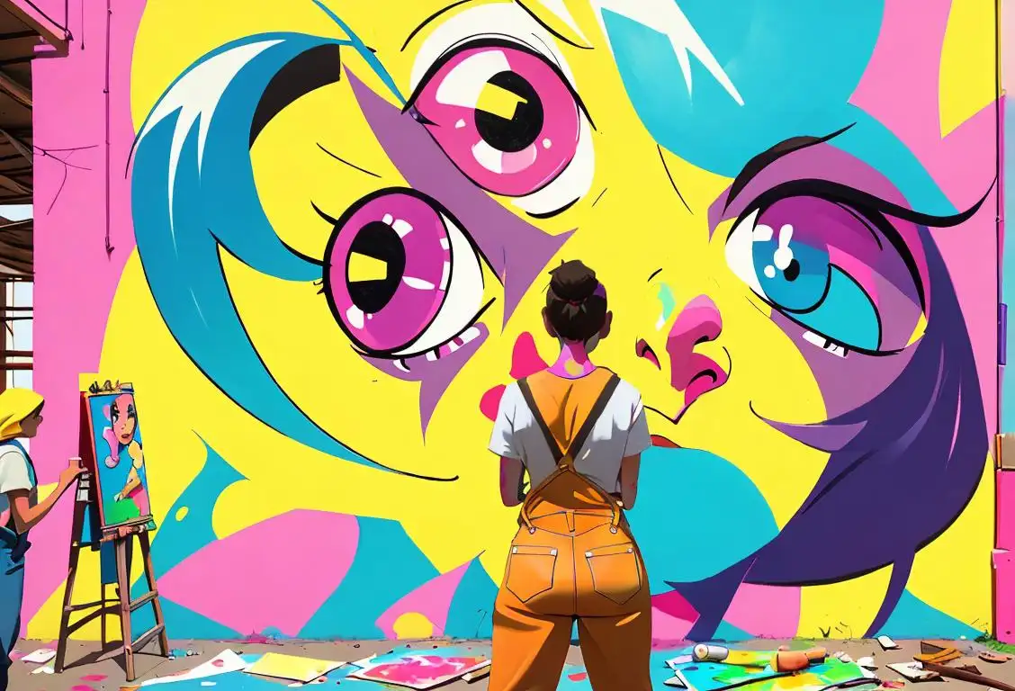 Brightly colored graffiti mural with an artist wearing overalls, holding a paintbrush, surrounded by art supplies and a diverse group of people admiring their work..