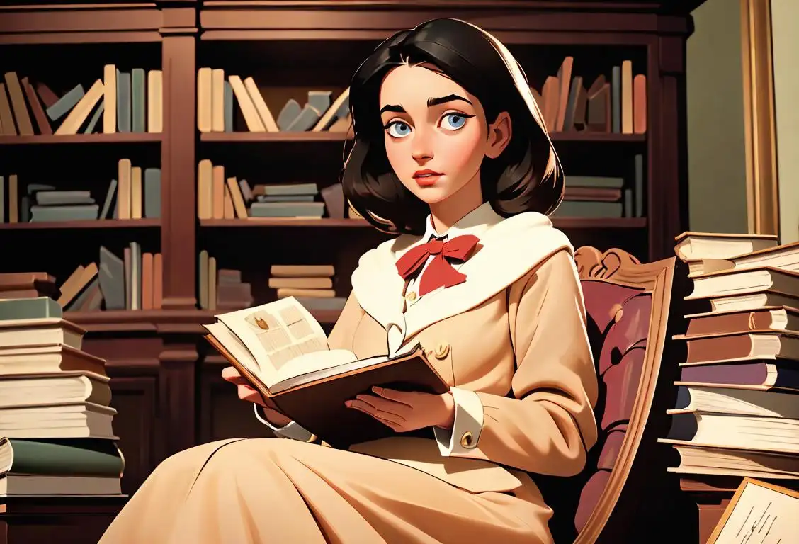 Young woman holding a dictionary, dressed in a vintage outfit, sitting in a cozy library surrounded by books..