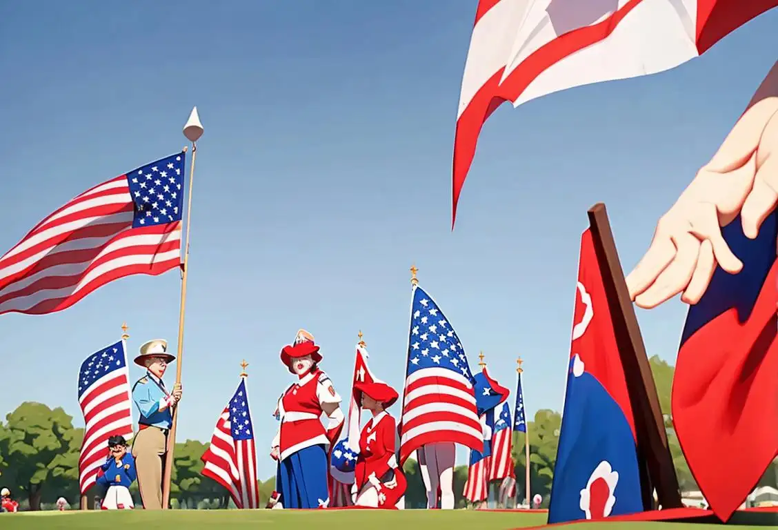 A group of diverse people wearing red, white, and blue clothing, gathered in a park with American flags waving in the background..
