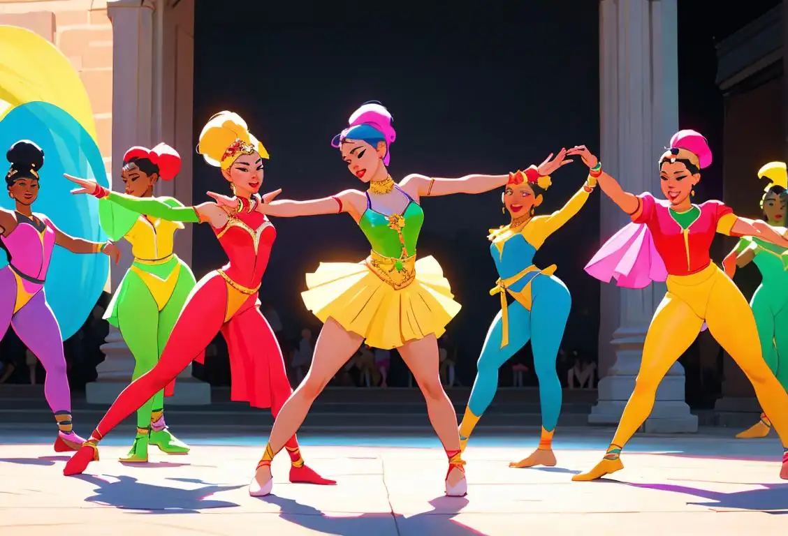 Group of diverse dancers wearing colorful costumes, performing lively routines in a vibrant, outdoor urban setting..