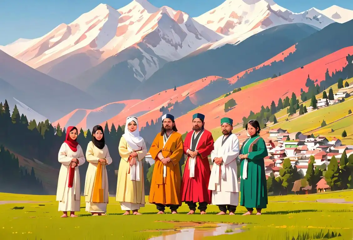 Group of diverse individuals wearing traditional garments from Jammu, posing in front of a beautiful landscape with mountains in the background..