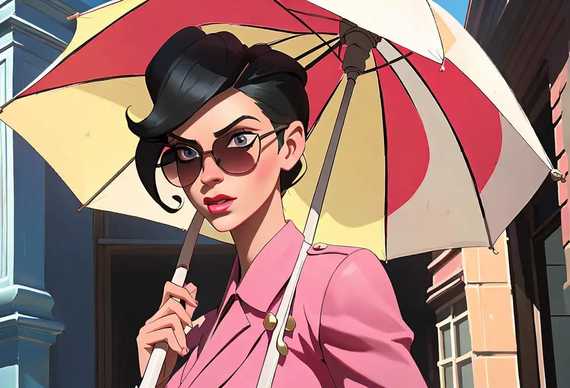 Young woman swinging a parasol, wearing large sunglasses, in a vibrant urban street setting, with bold and sassy clothing style..