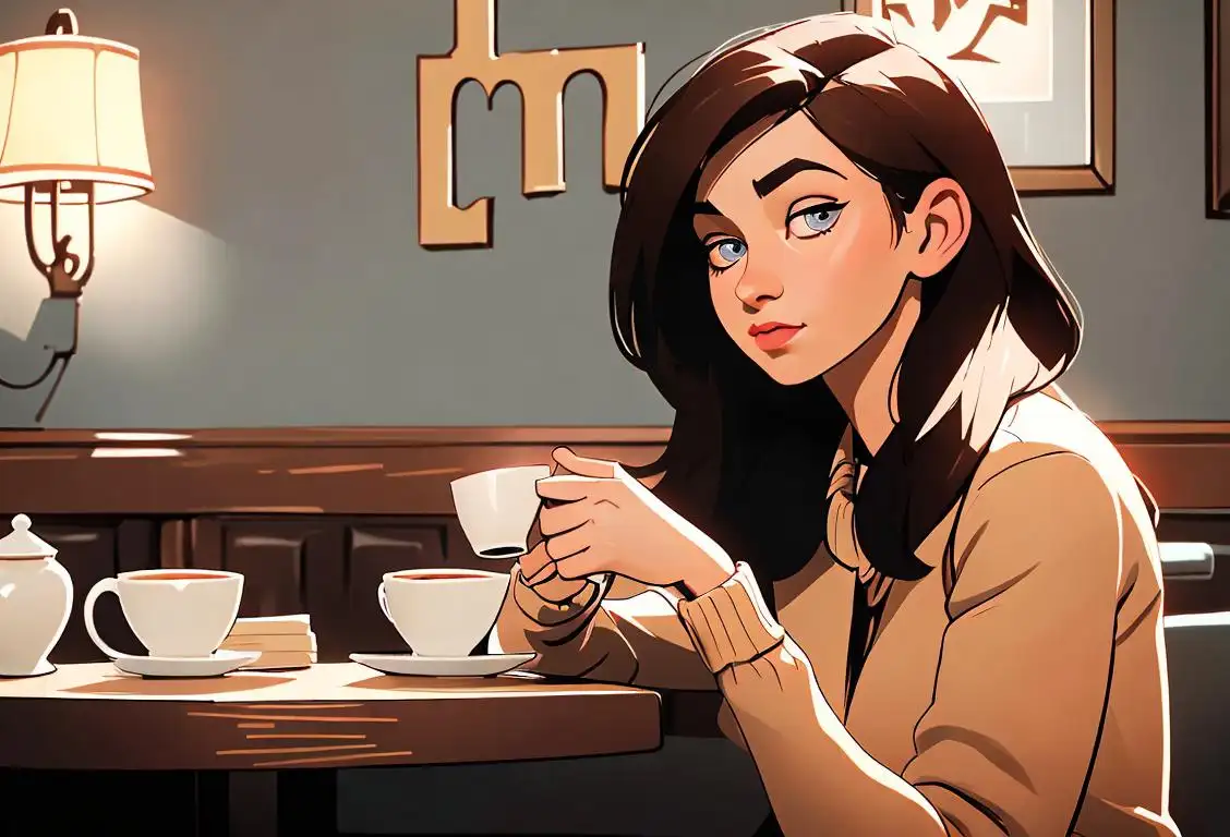 Young woman holding a cup of coffee with the letters 'cc' drawn on it, sitting in a cozy coffee shop with vintage decor..