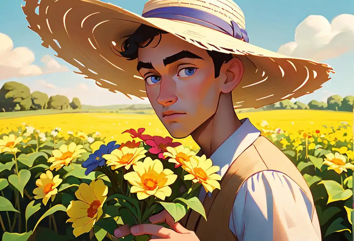Young boy holding a bouquet of flowers, wearing a straw hat, retro western fashion, beautiful flower field backdrop.