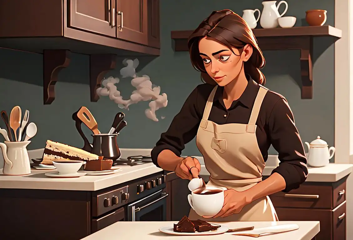 A person preparing a mocha torte in a cozy kitchen, wearing a baker's apron and holding a steaming cup of coffee nearby..