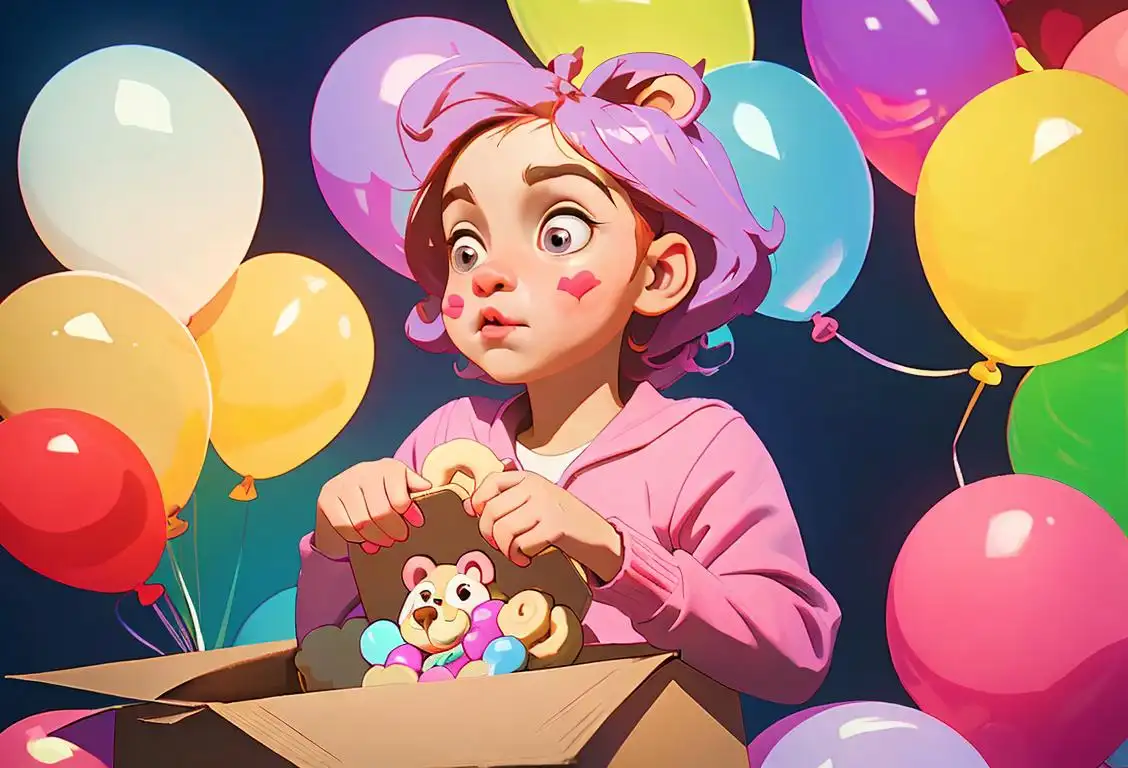 Child holding a box of animal crackers, surrounded by colorful balloons and a whimsical circus backdrop..