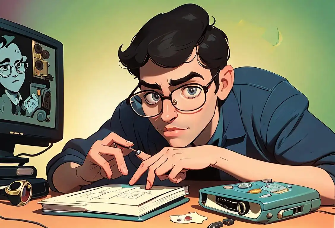 A bespectacled person with a pocket protector, holding a book, surrounded by vintage computer components and a retro arcade game..