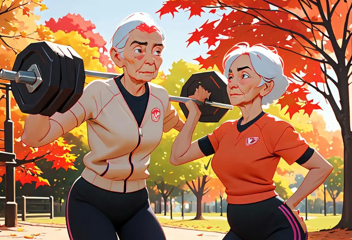 Elderly man and woman in workout attire, holding weights, at a park with vibrant autumn leaves..