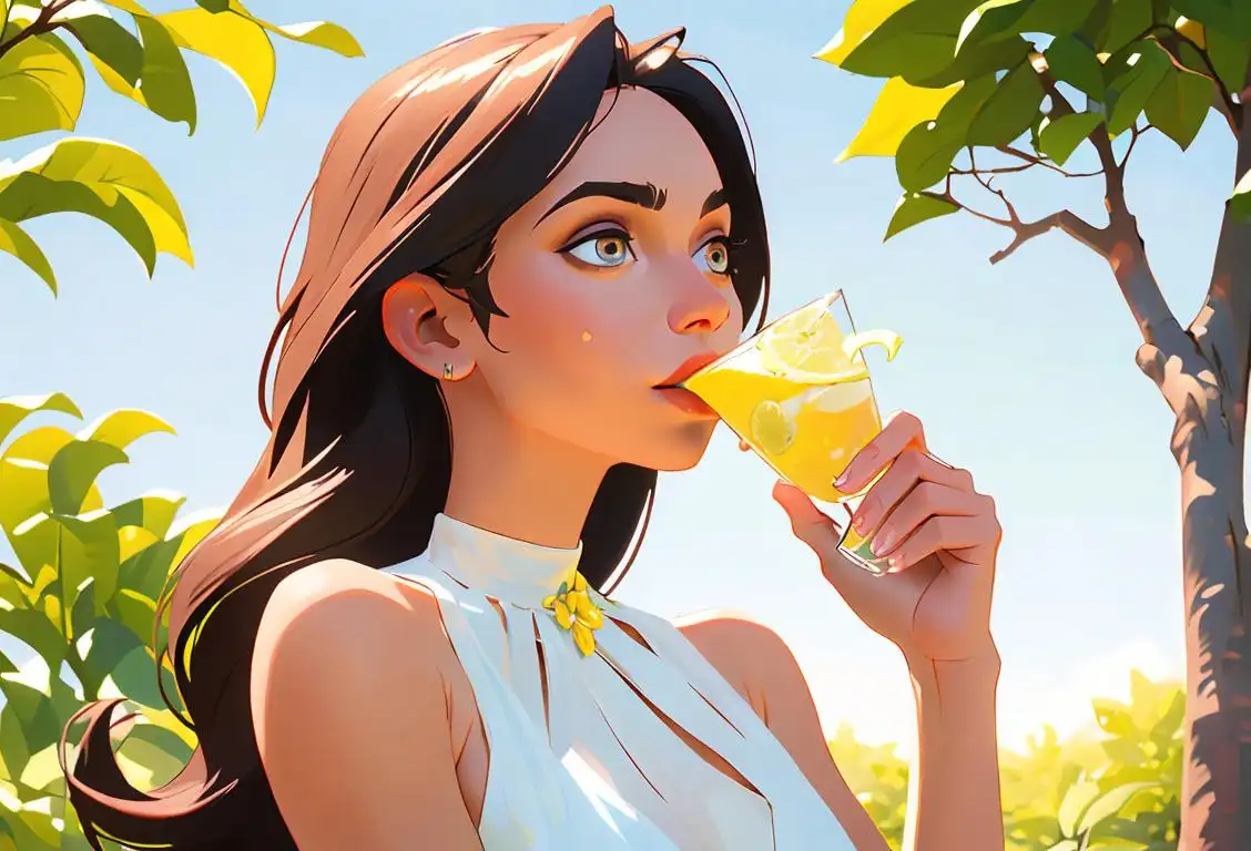 A young woman holding a glass filled with ice and lemon, wearing a classic summer dress, enjoying the refreshing taste outdoors in a sunny park..